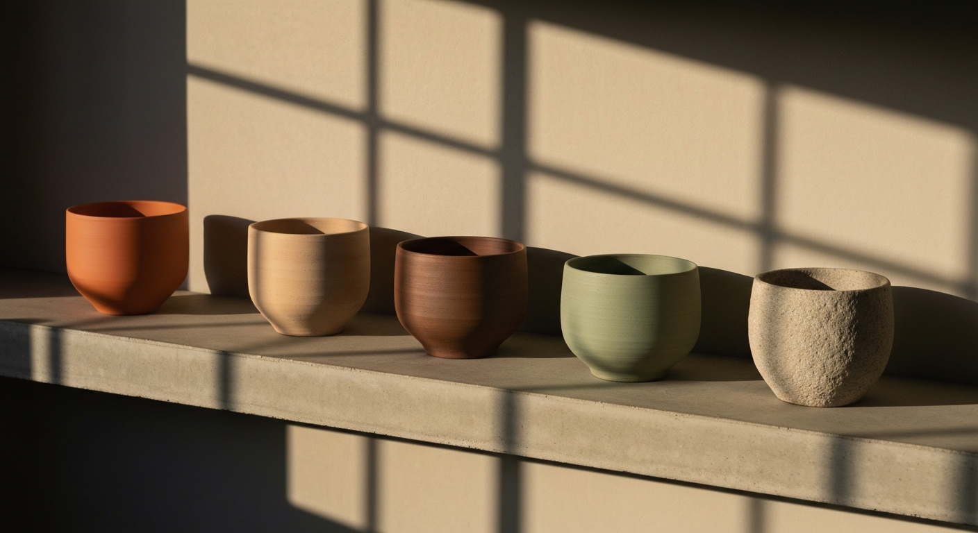 Pots en céramique alignés sur un plan en béton