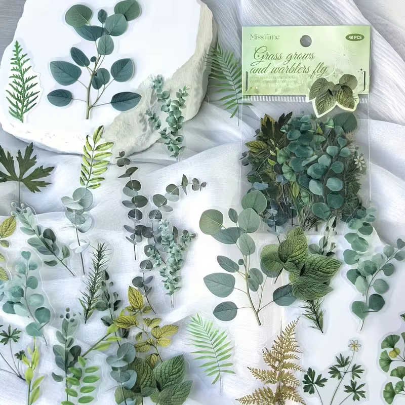 1 paquet de 40 autocollants décoratifs en PET en forme de feuilles de plantes vertes pour scrapbooki