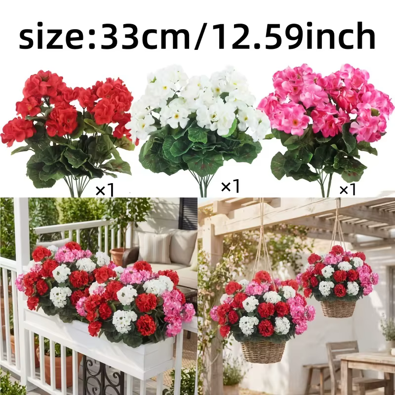 3 fleurs artificielles colorées de type géranium pour l'extérieur | Fleurs artificielles résistantes