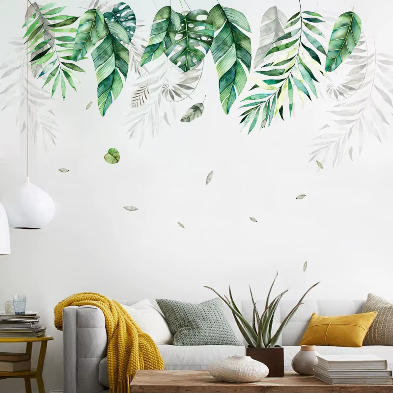 Sticker mural grande feuille de végétation tropicale, papier peint pour salon, fond de canapé, décor