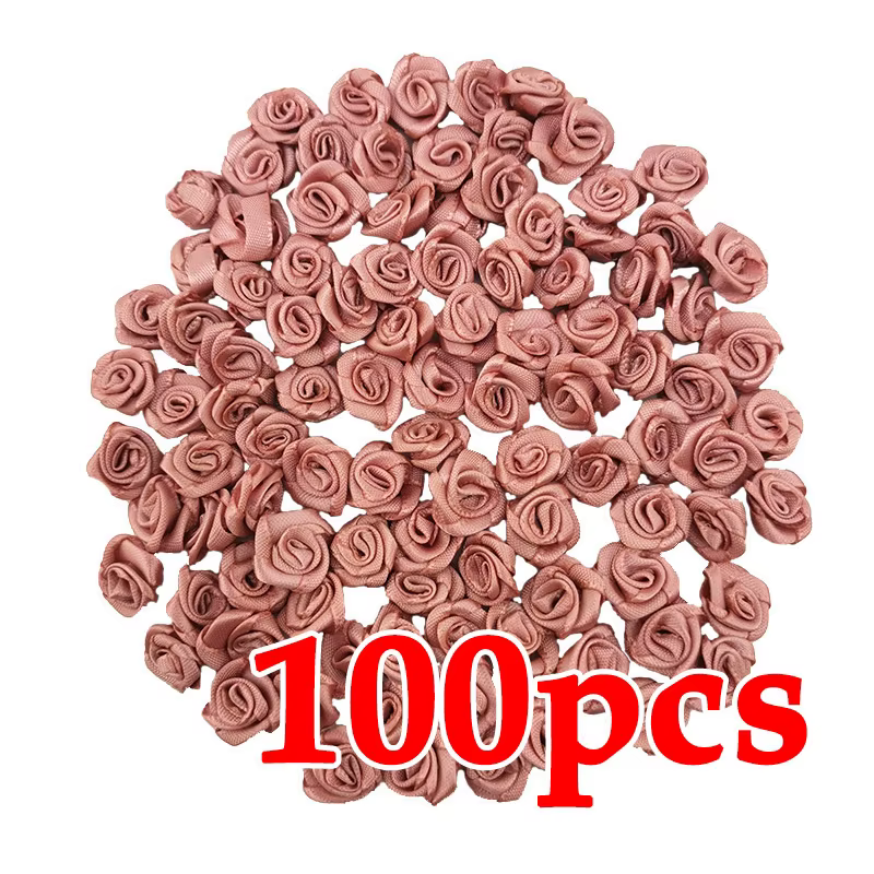 Mini fleurs artificielles en ruban de satin rose, 10x10mm, 100 pièces/paquet, petite taille, décorat