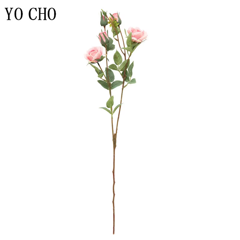 YO CHO – roses artificielles en soie, fausses fleurs de haute qualité, longue branche, 5 têtes, pour