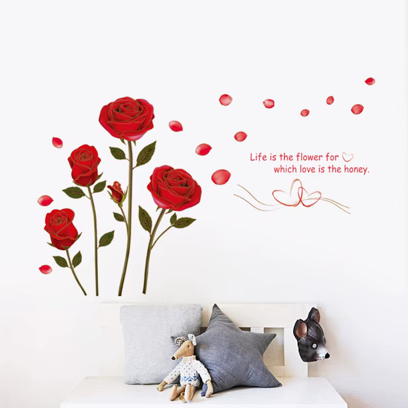 Autocollant mural romantique rose rouge pour chambre à coucher, salon, fond de canapé, décoration in