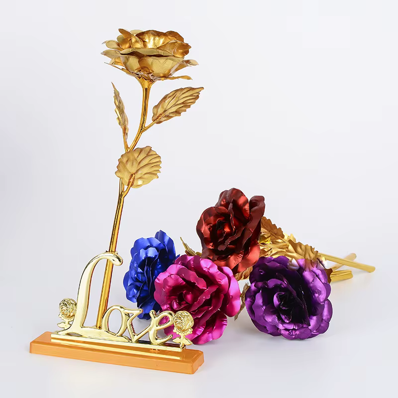 Rose éternelle galaxie colorée fleurs artificielles 24K feuille d'or fleur amour Base boîte évasée p
