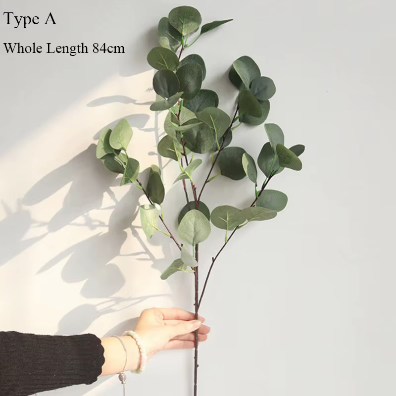 Branche d'arbre d'eucalyptus, feuilles rondes, feuille d'argent artificielle, décoration de plante d