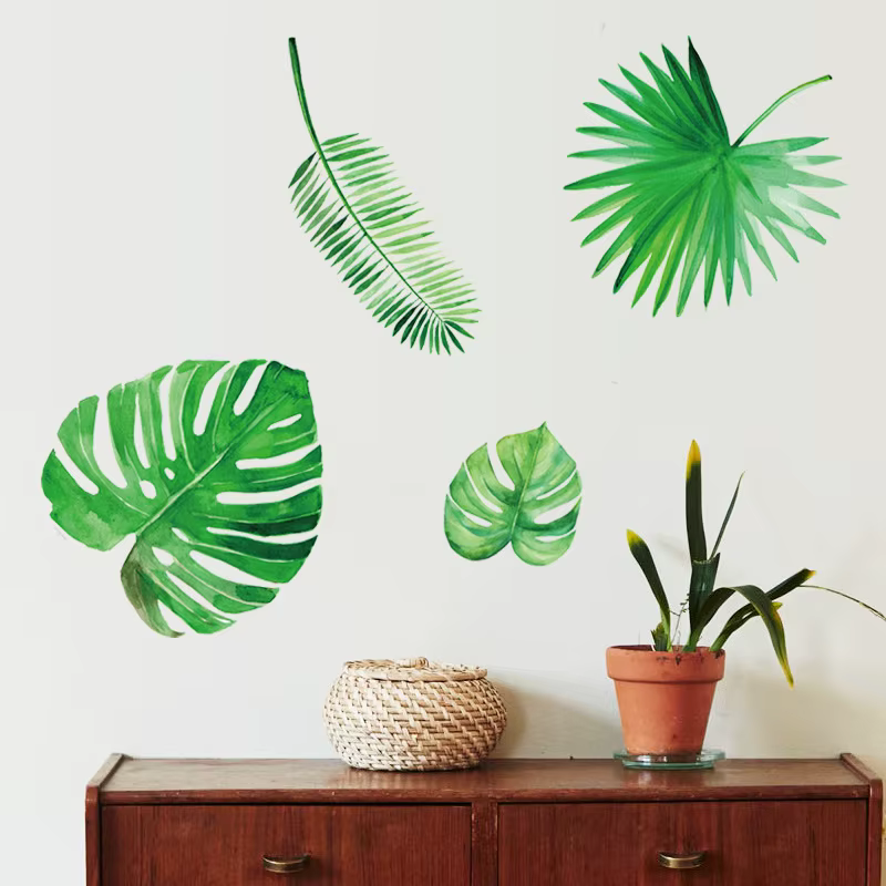Autocollant mural en forme de feuilles de plantes vertes, pour décoration de fond de salon, affiche