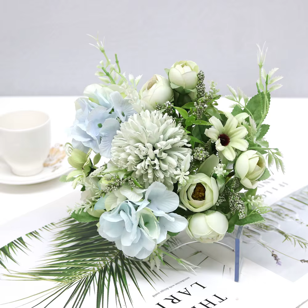 Bouquet de fleurs d'hortensias artificielles en soie, 7 têtes, fausses pivoines, Roses de mariée en
