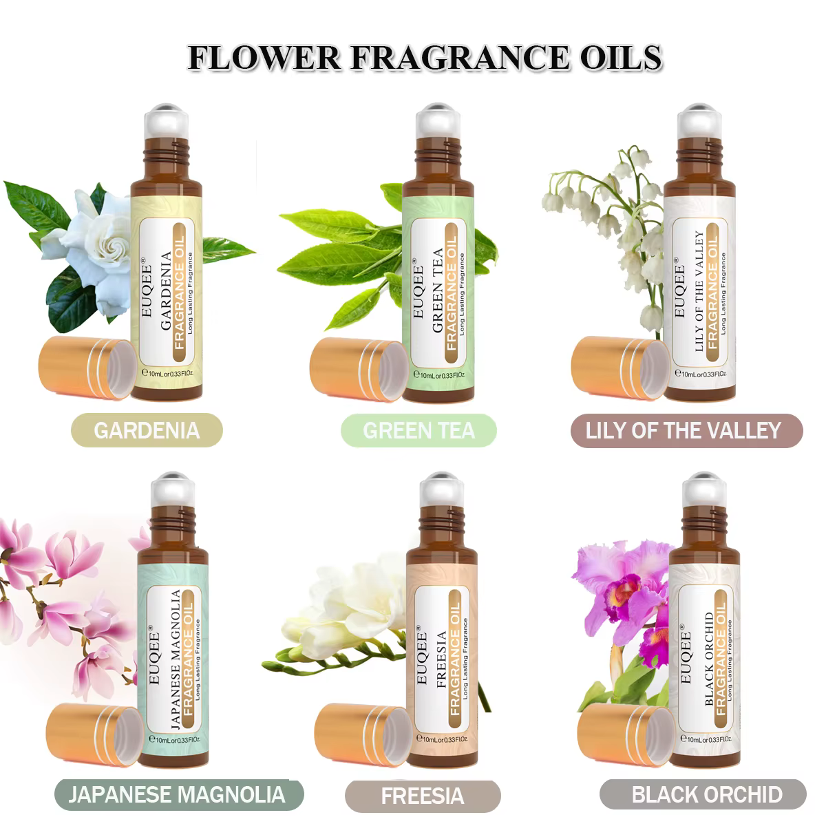 EUQEE – ensemble d'huiles parfumées série fleurs, 6 pièces, 10ml, Magnolia japonaise, orchidée noire