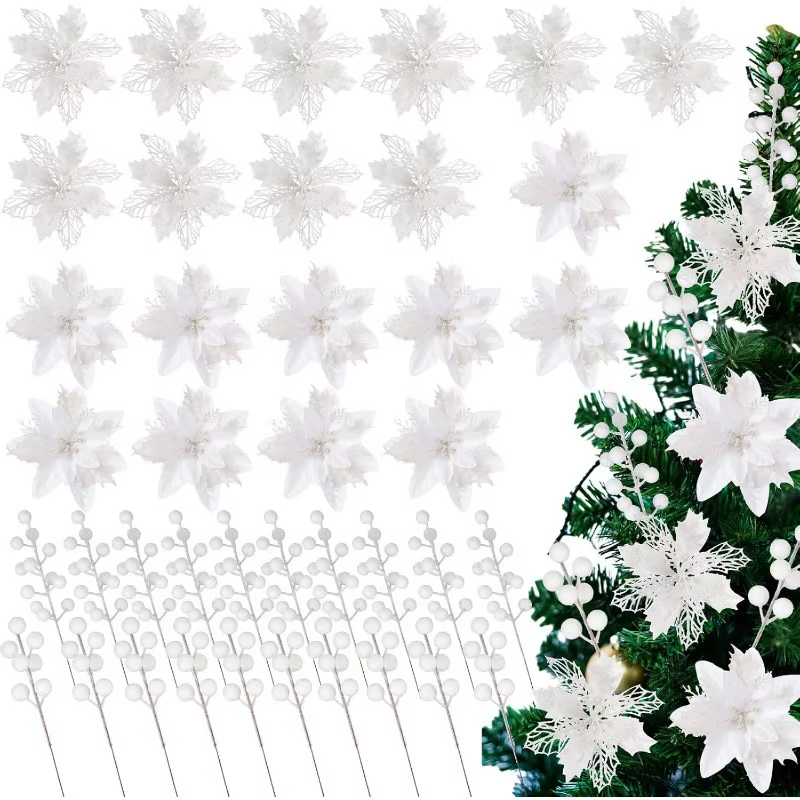 Tiges de fleurs artificielles blanches à paillettes, 3 pièces, décoration d'arbre de noël suspendue,