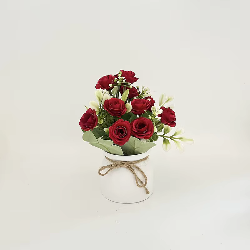Petit bassin en corde de chanvre, plante en pot de rose simulée, décoration de bureau à domicile, dé