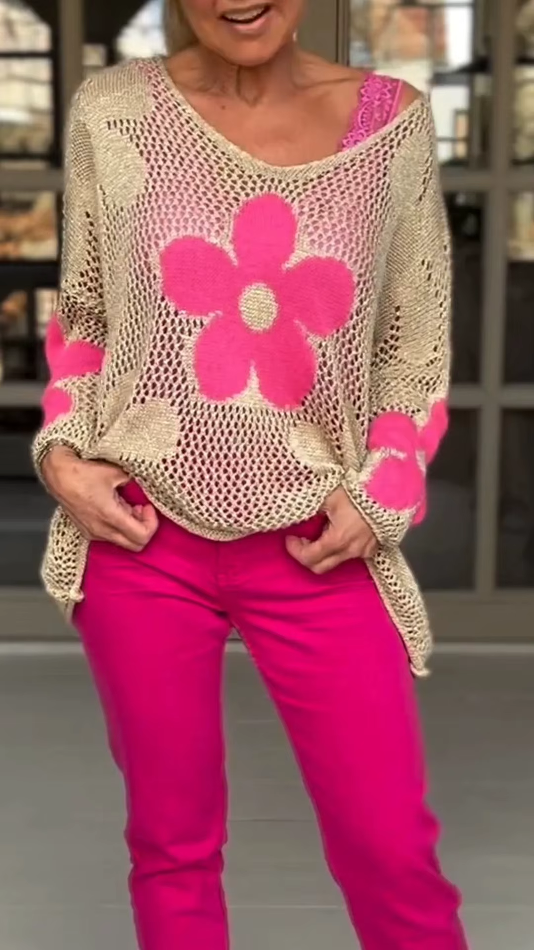 Pull tricoté ajouré pour femmes, col en v, fleur, ample, Design décontracté, mode, nouvelle Niche po
