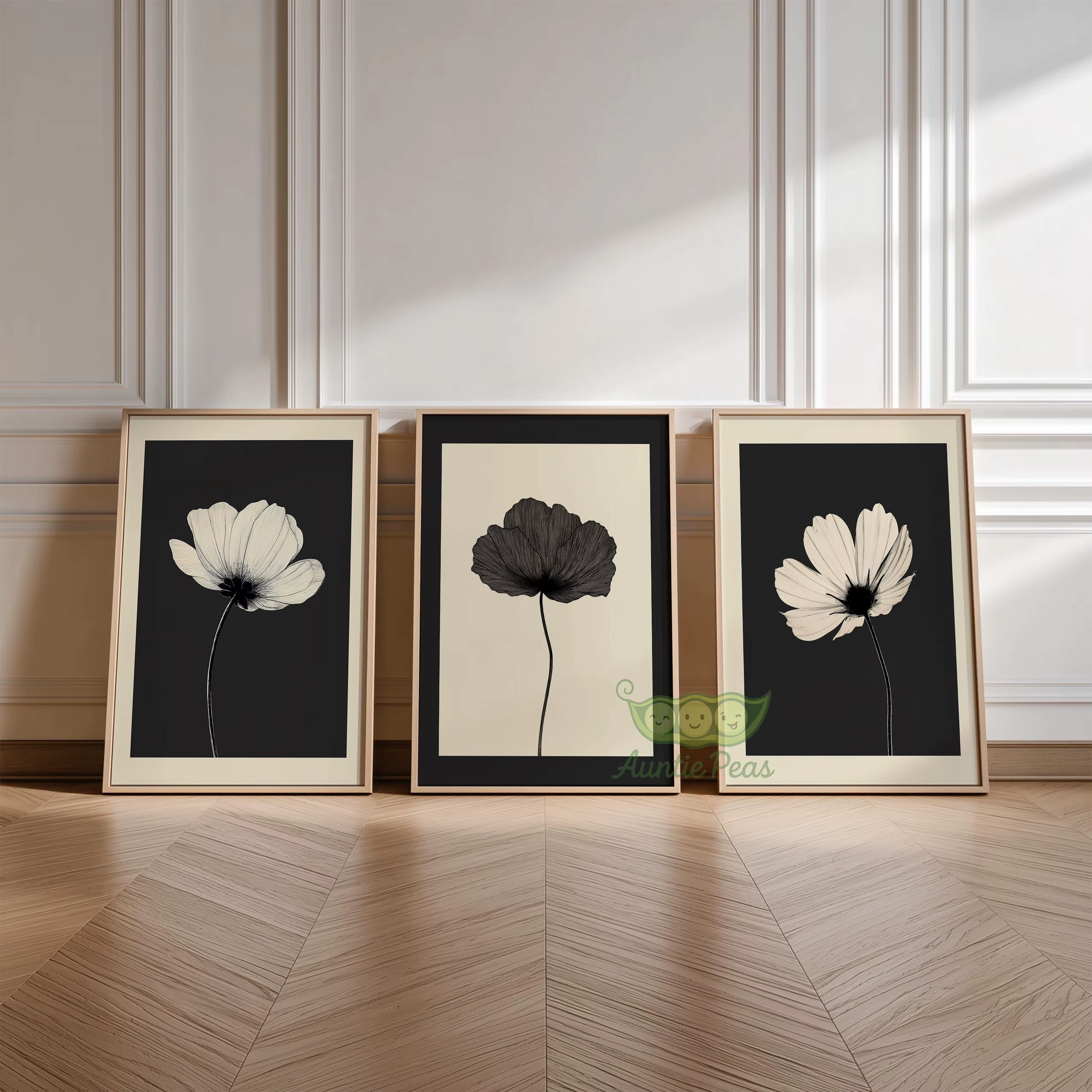 Lot de 3 tableaux muraux floraux noirs et beiges, impressions sur toile botaniques minimalistes, déc