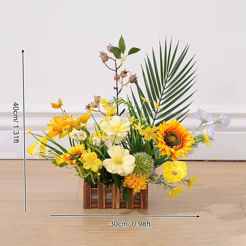 Arrangement de fleurs suspendues orchidées tournesol jaune, décor d'arrière-plan de mariage, planche