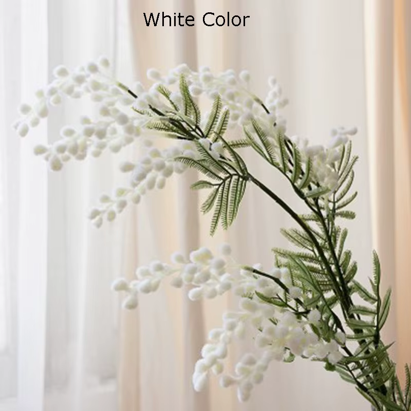 86cm 3 fourchettes Acacia artificielle jaune Mimosa peluche Pudica Spray cerise fausse fleur de soie