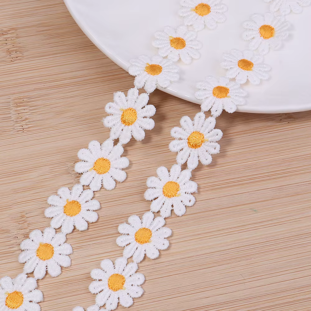 Ruban en tissu dentelle à fleurs de marguerite, 3yards, 25mm, fleurs colorées, ruban d'habillage bro