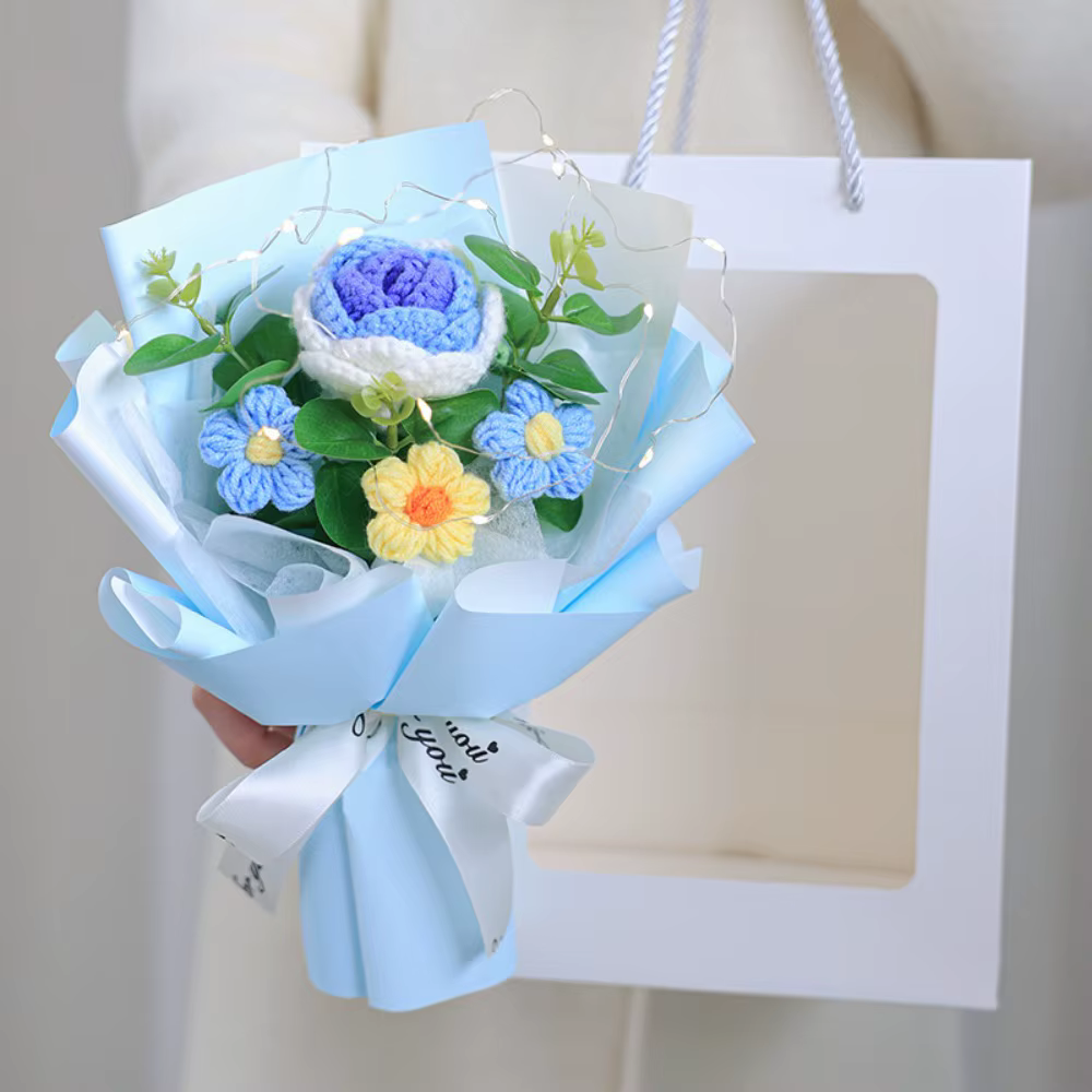 Nouveau Bouquet de fleurs au Crochet en coton tissé avec lampe, fleurs tricotées artificielles faite