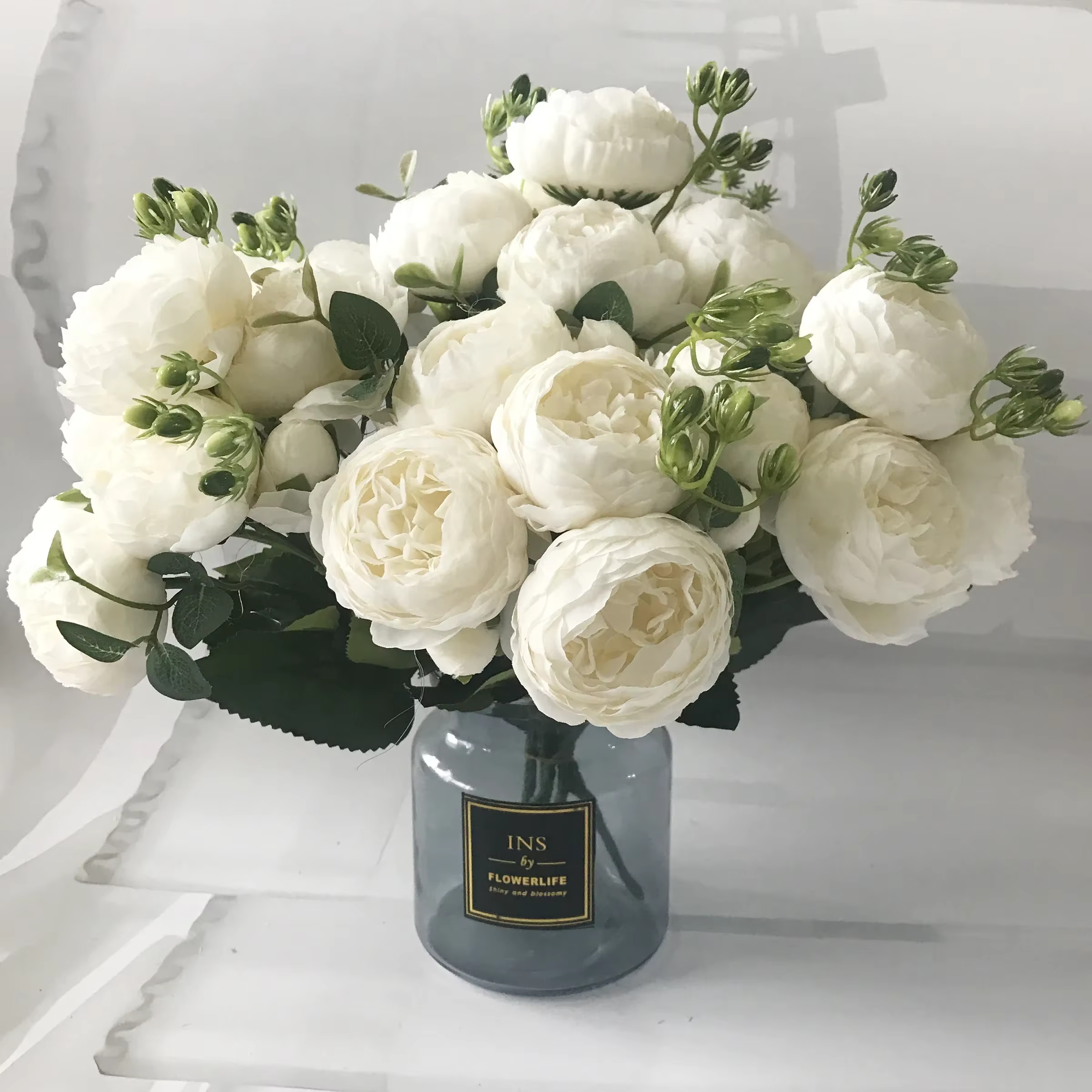 Bouquet de fleurs artificielles pivoine en soie Rose 30cm, 5 grandes têtes et 4 bourgeons, fausses f