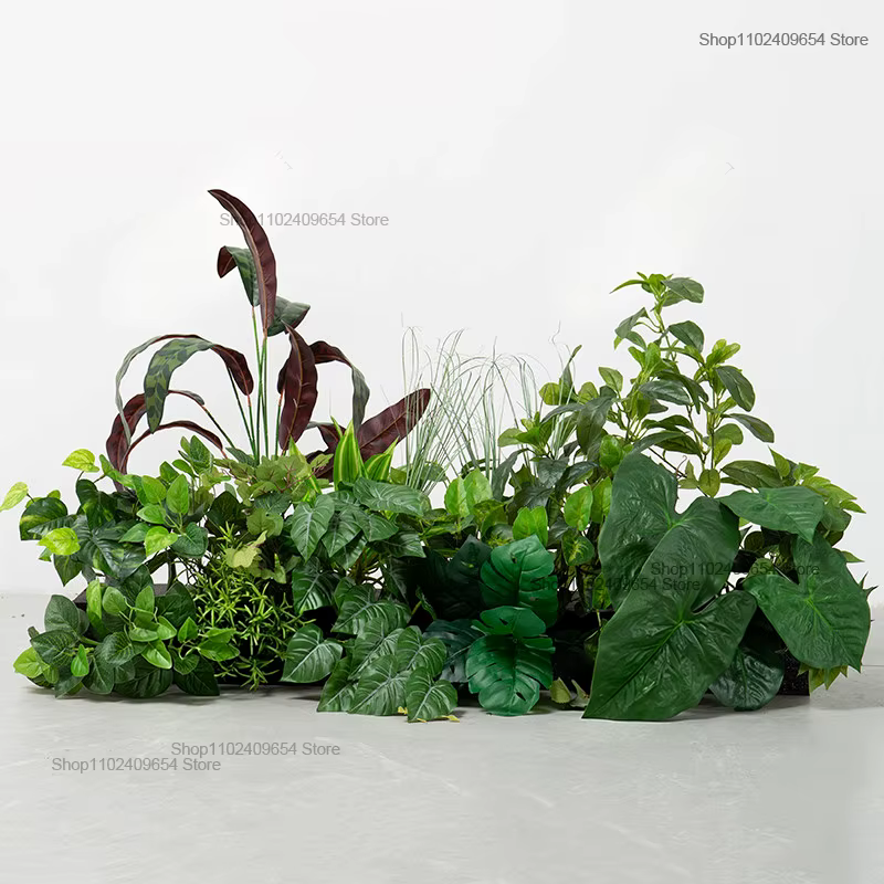 Plantes vertes tropicales, feuilles, fleurs au sol, décoration de fond de mariage, rangée de fleurs,