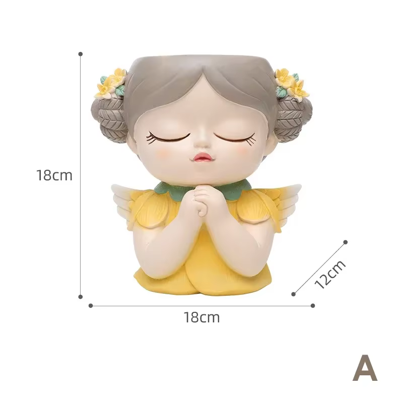 Pot de jardinière de visage de fille d'ange mignon de 7 pouces avec trou de Drainage, statues orneme