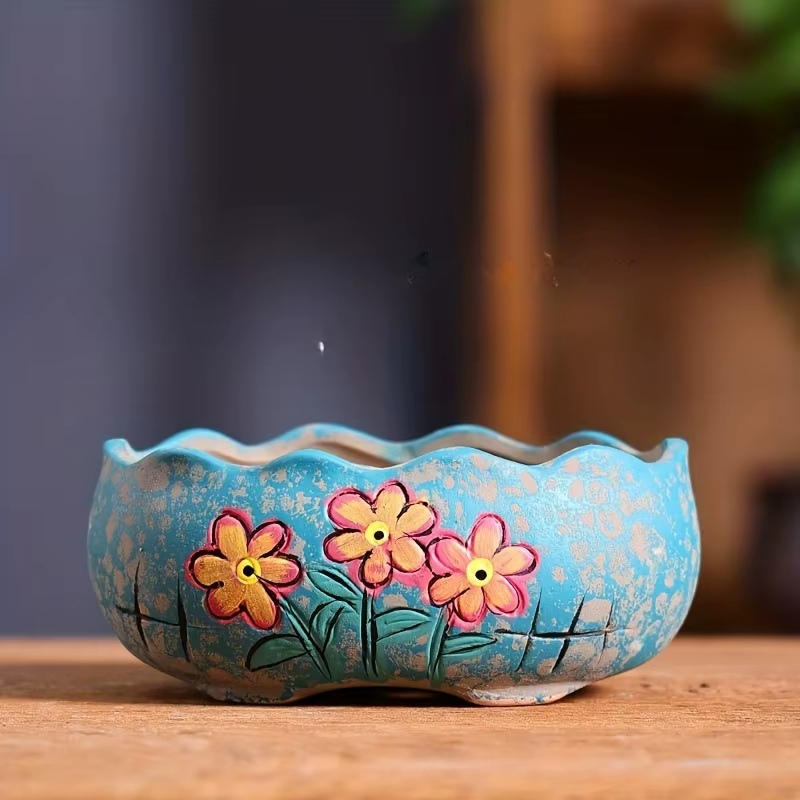 Ensemble de pots à succulentes en céramique peints à la main, style vintage, grand pot ovale pour la