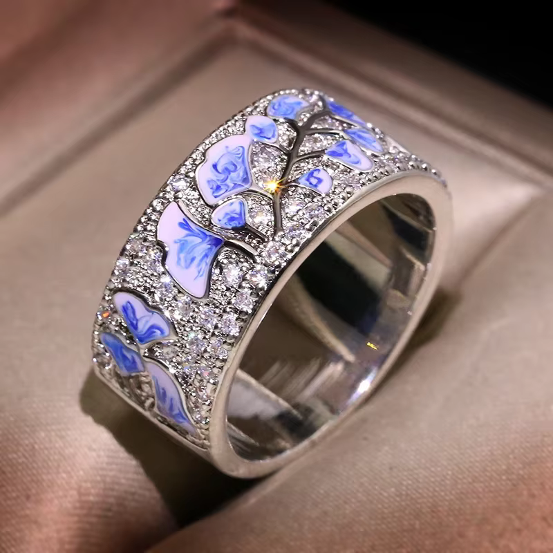Bague Fleur en Argent pour Femme, Bague Fleur Bleue, Argent Sterling, Document de ix, Promesse de Mo
