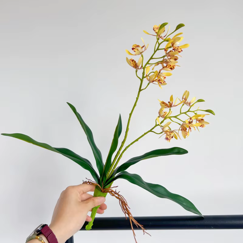 Orchidées artificielles au toucher réel, 2 branches longues à deux pointes avec feuilles, décoration