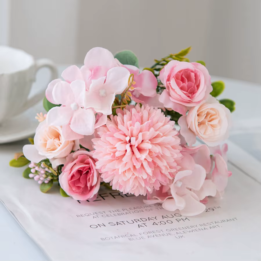 Fleurs artificielles Rose chrysanthème soie Bouquet saint valentin mariage extérieur cour jardin arc