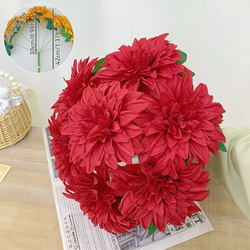 Bouquet de 10 têtes de dahlias artificiels en soie, accessoires floraux pour mariage, décoration mur