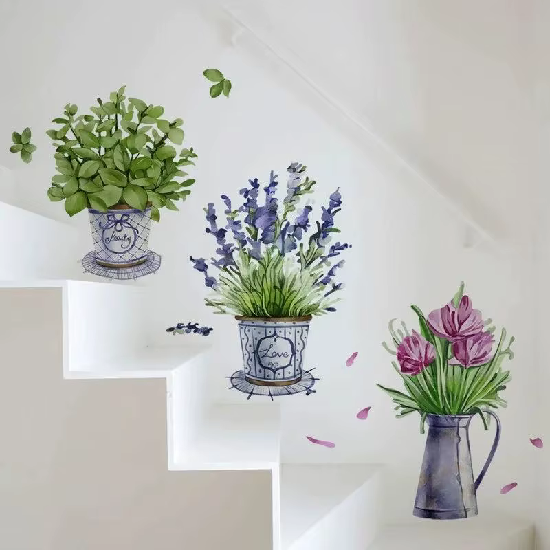 Autocollant mural pour Pots de fleurs aquarelle, 3 pièces, pour cuisine, maison, jardin, meubles, ac
