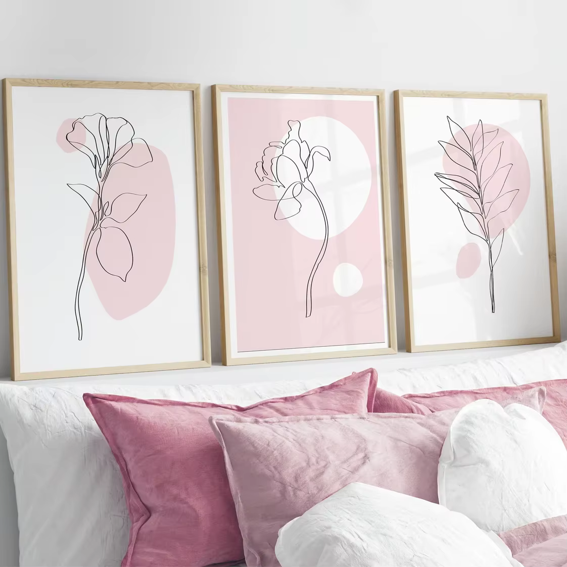 Lot de 3 tableaux muraux botaniques roses – Décoration murale botanique – Affiche d'art linéaire bot