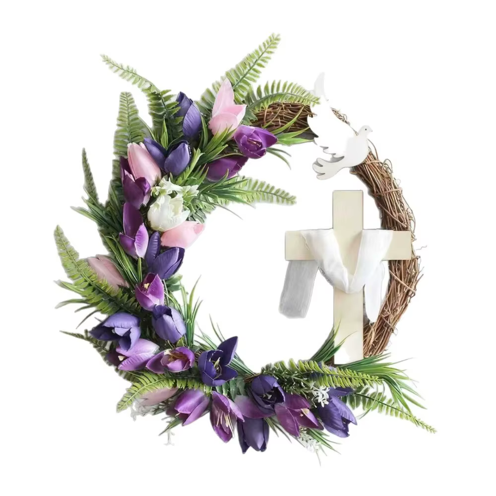 Couronne de jardin en rotin faite à la main avec fleurs artificielles colorées, motif croix de tulip