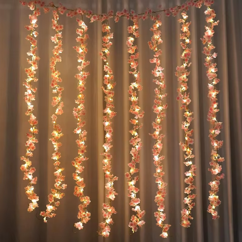 KaCarlArtificial Pink Flowers Vine, None Blossom, LED Lights, Wedding Decoration, Room Garden Arches