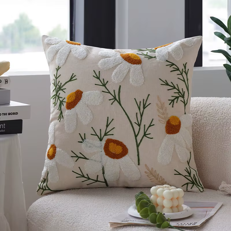 Juste de coussin décorative avec broderie florale, taie d'oreiller en toile douce pour canapé de sal
