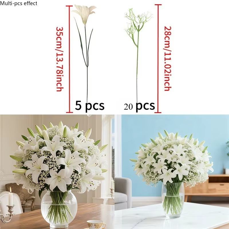 Bouquet de 25 lys artificiels avec gypsophile, lys blancs réalistes, adaptés aux arrangements de mar