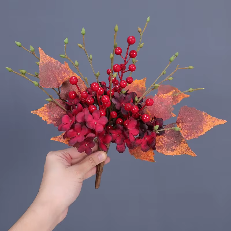 Bouquet de feuilles d'érable artificielles en mousse d'aloès vert, baies rouges, fausse fleur, décor