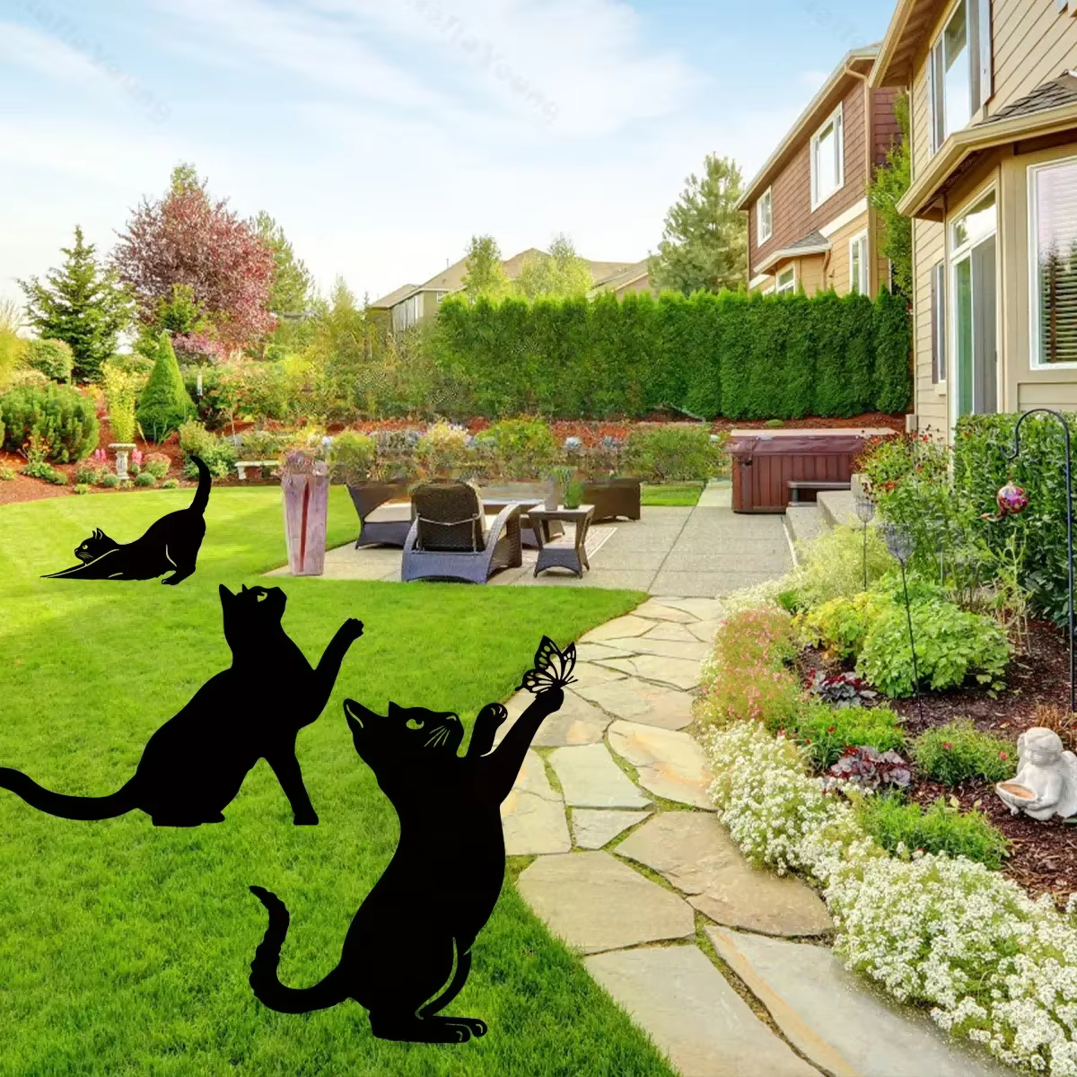 Tiki - Piquets de jardin de famille de chat inspirés décoratifs - Charmant statues extérieures de si