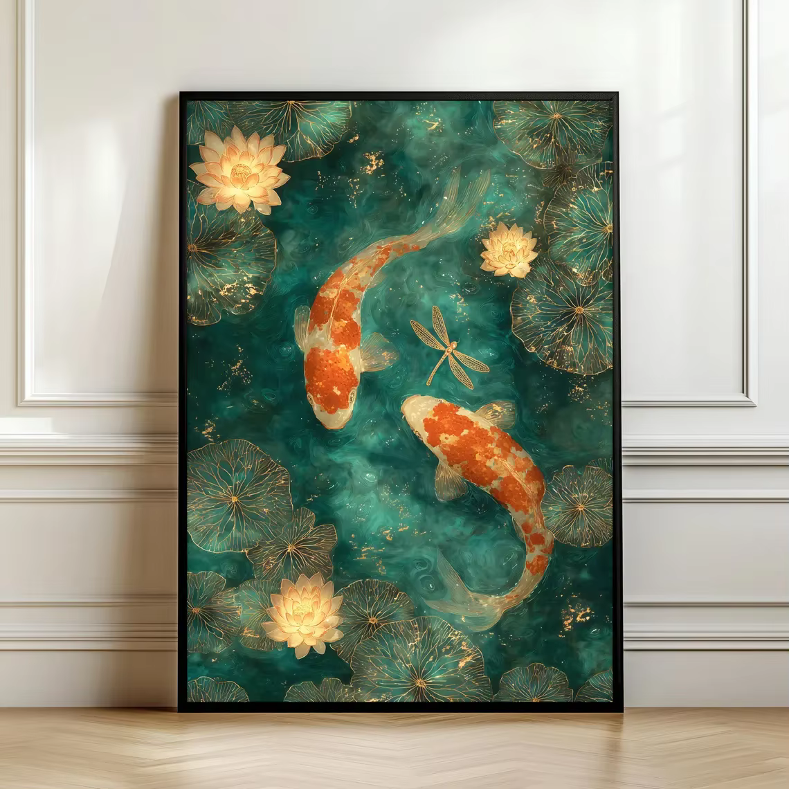 Art mural élégant avec poissons koï – Décoration de bassin vert émeraude, peinture zen asiatique, lo
