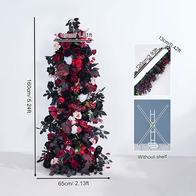 Rangée de fleurs de roses de palmier noir bordeaux, arrière-plan de mariage, décor de planche KT, Ar