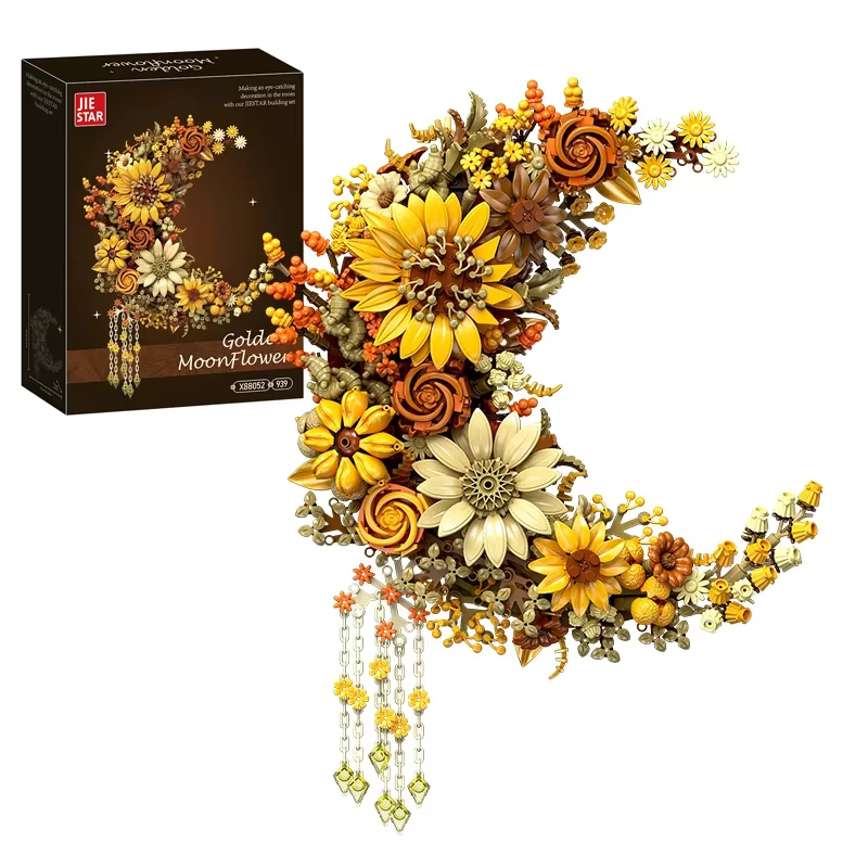 Ensemble de blocs de construction Lune Dorée et Fleurs (939 pièces) – Décoration murale créative, mo