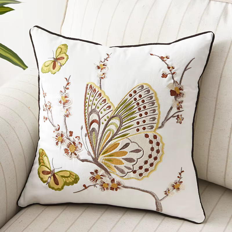 Housse de coussin papillon 45x45cm, taie d'oreiller florale de Style campagnard, en coton brodé, déc