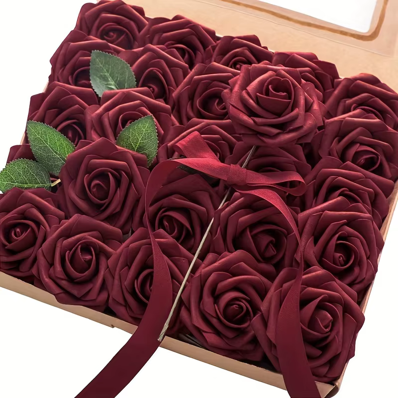 Fleurs artificielles 25 pièces, fausses roses en mousse bordeaux d'aspect réel avec tiges pour brico