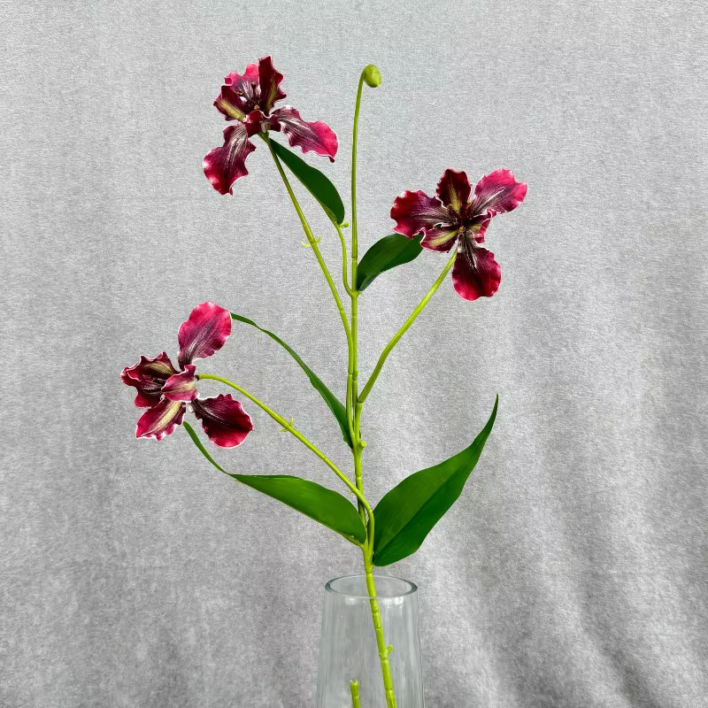 6 pièces de fleurs artificielles en soie, petites orchidées iris, branche de fleur orange, décoratio