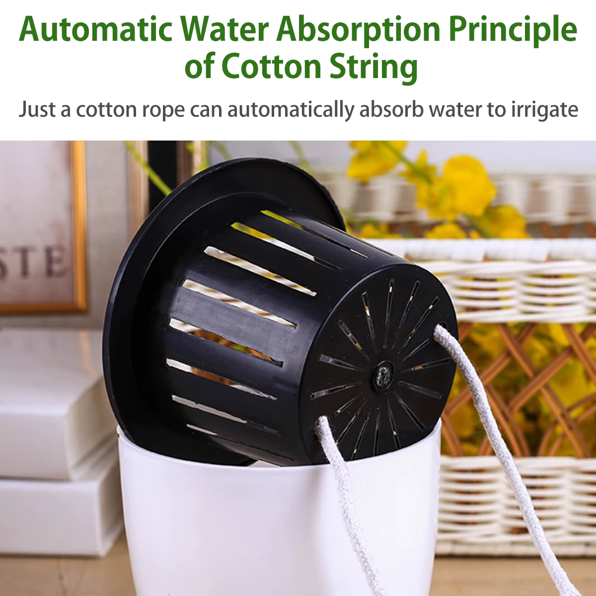 Pots auto-arrosage avec corde en coton pour plantes d'intérieur, Pot de fleur auto-arrosage de 4.7 p