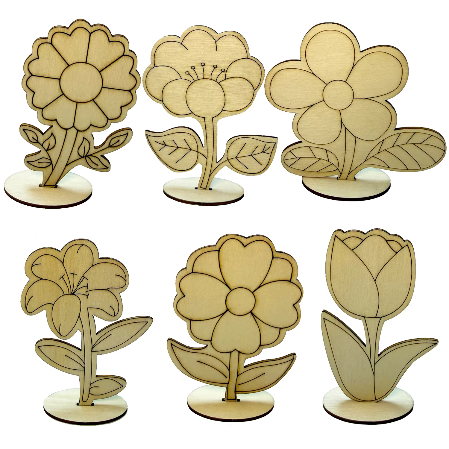 Lot de 6 pièces/1 ensemble de fleurs en bois à peindre soi-même, artisanat DIY, idéal pour les décor
