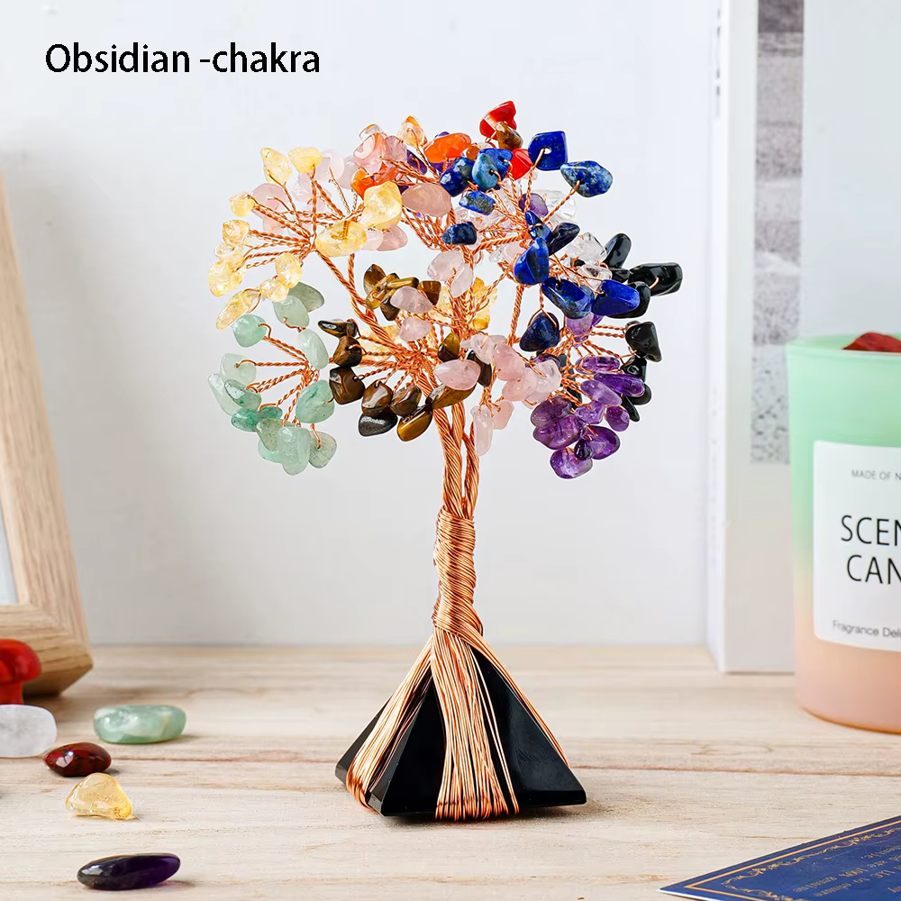Arbre d'argent en Quartz Rose naturel, pyramide de pierres précieuses des sept chakras, Base en cris