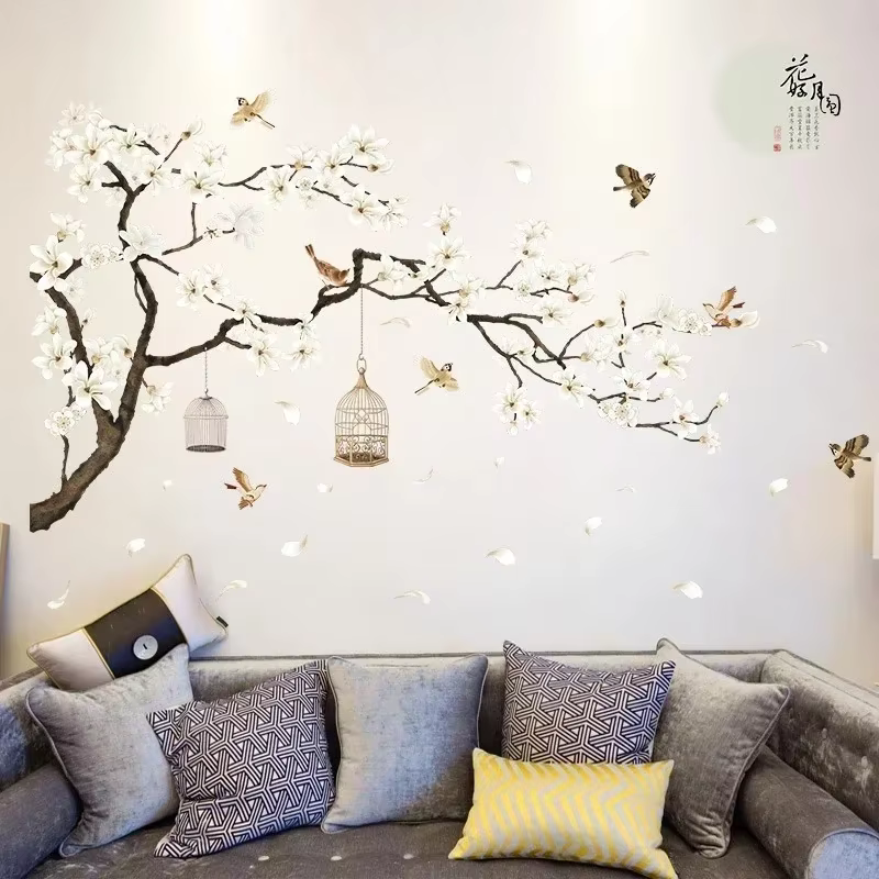 Nouveaux autocollants muraux d'arbre oiseaux fleur décor à la maison fonds d'écran pour salon chambr