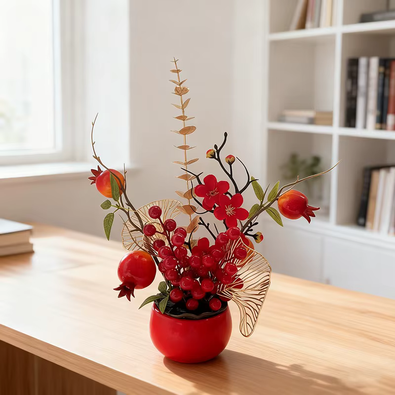 Nouvelle grande plante artificielle en pot de kaki rouge, nouvel an, Festival de printemps, décorati