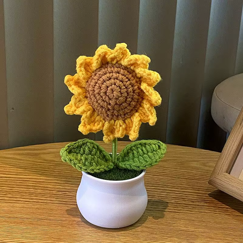 Bouquet de fleurs au Crochet faites à la main, Bouquet tissé fini en pot, fleur artificielle tricoté