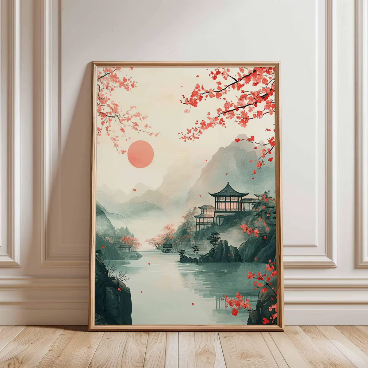 Affiche imprimée sur toile avec motif de fleurs de cerisier japonaises, style Japandi, paysage vinta