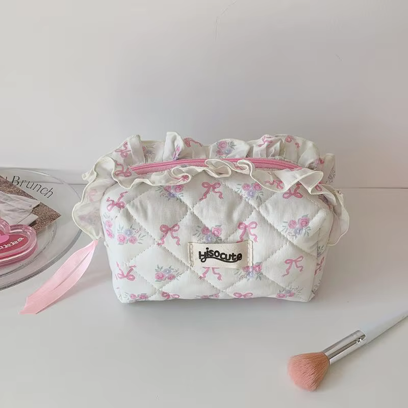 Sac de maquillage en coton matelassé avec nœud et fleur, trousse de toilette portable pour femmes et